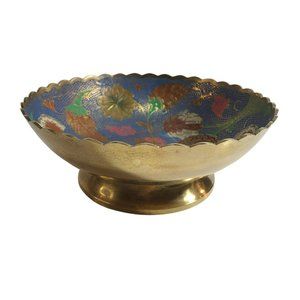 Vintage Footed Brass Bowl Floral Multicolored Enamel Design Scalloped Edge